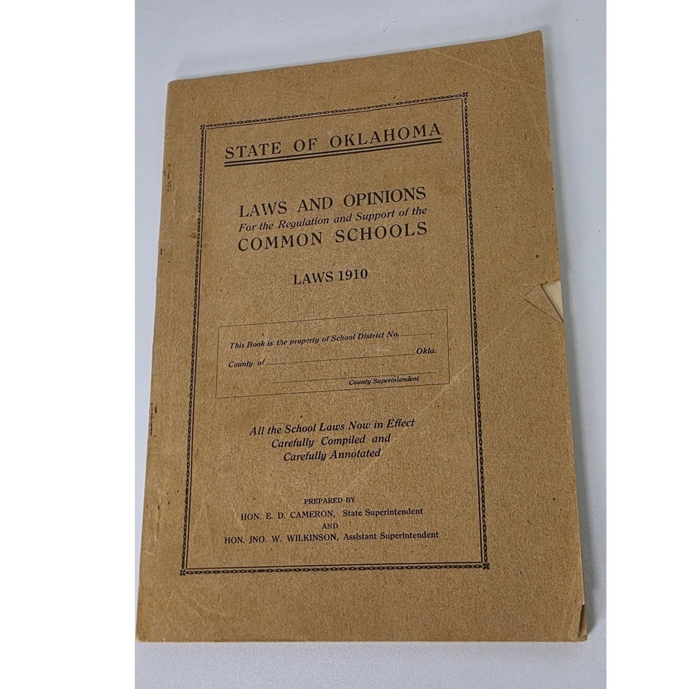 1910 State of Oklahoma Laws and Opinions Common Schools Antique Book Cameron